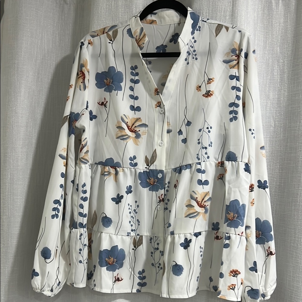 Floral White and Blue Women's Top